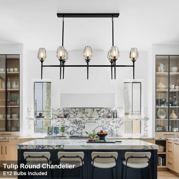 Modern Black 8-Light 52in Rectangle Crystal Pendant Chandelier for Dining