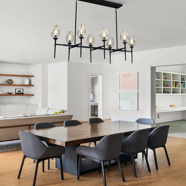 Modern Black 8-Light 52in Rectangle Crystal Pendant Chandelier for Dining