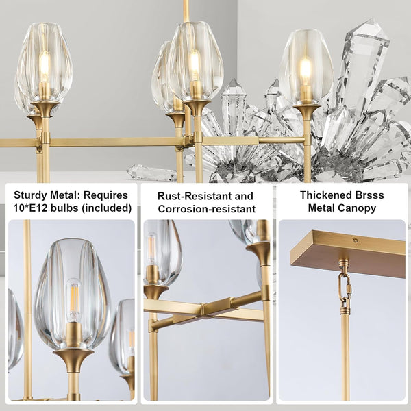 Modern Crystal Chandelier 10 Lights Brass 65in Gold Rectangle K9 Pendant Light