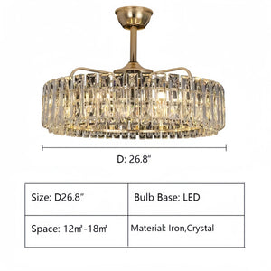 Modern Invisible Blade Fan Light Crystal Chandelier for Living/Dining Room/Bedroom
