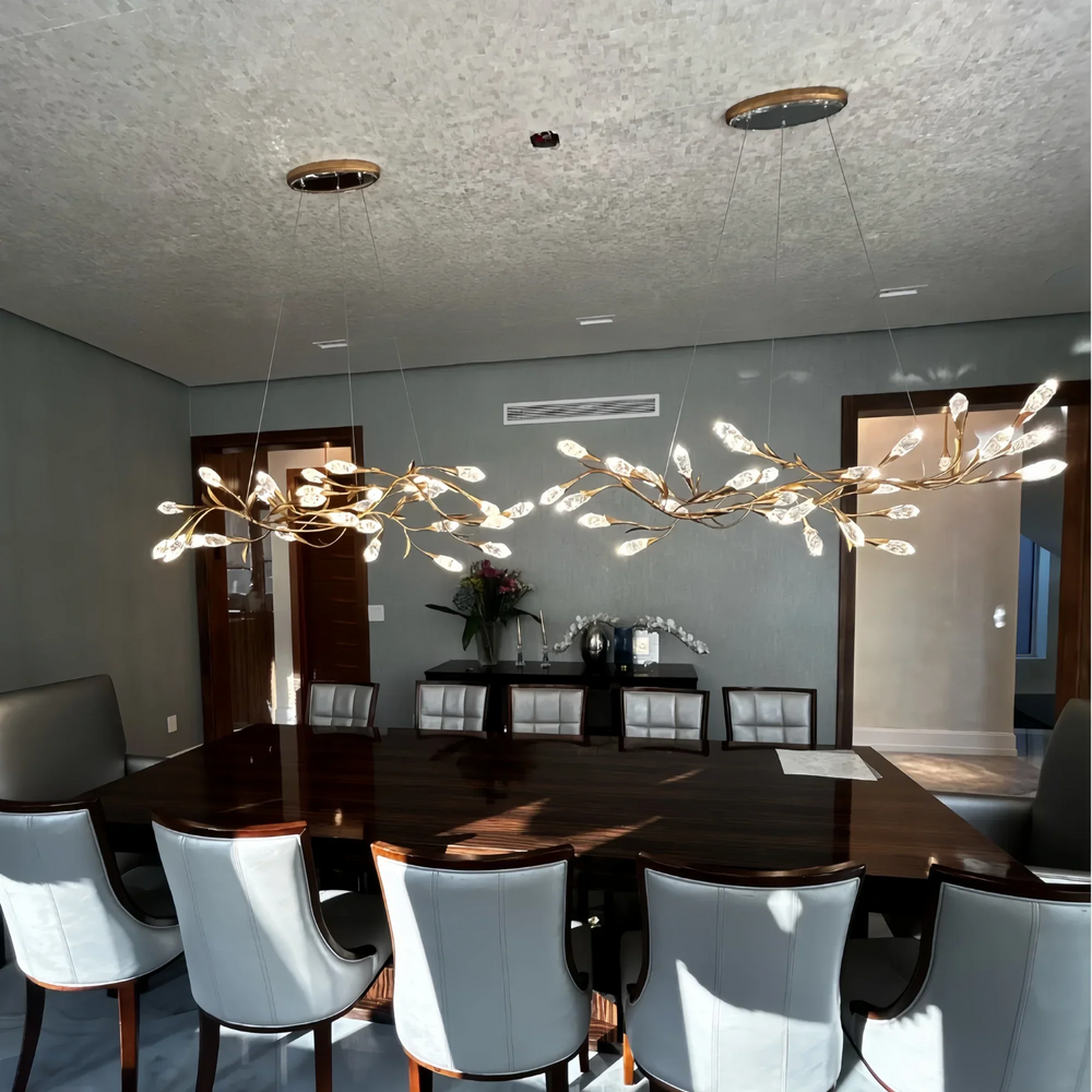 Modern Linear/Round Floral Branches Crystal Chandelier-Linear/L56.3"*W15.5"*H11.9"(L143cm*W39.4cm*H30.2cm)-Black-Warm Light-Arialamps
