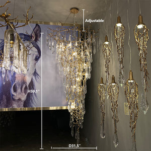 Modern Oversized Luxury Copper Crystal Long Crystal Branch Air Bubble Drop Staircase Light fixture-Chandeliers-Arialamps