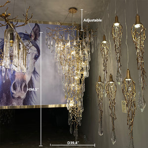Modern Oversized Luxury Copper Crystal Long Crystal Branch Air Bubble Drop Staircase Light fixture-Chandeliers-Arialamps