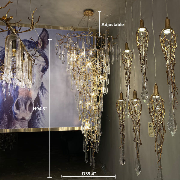 Modern Oversized Luxury Copper Crystal Long Crystal Branch Air Bubble Drop Staircase Light fixture-Chandeliers-Arialamps