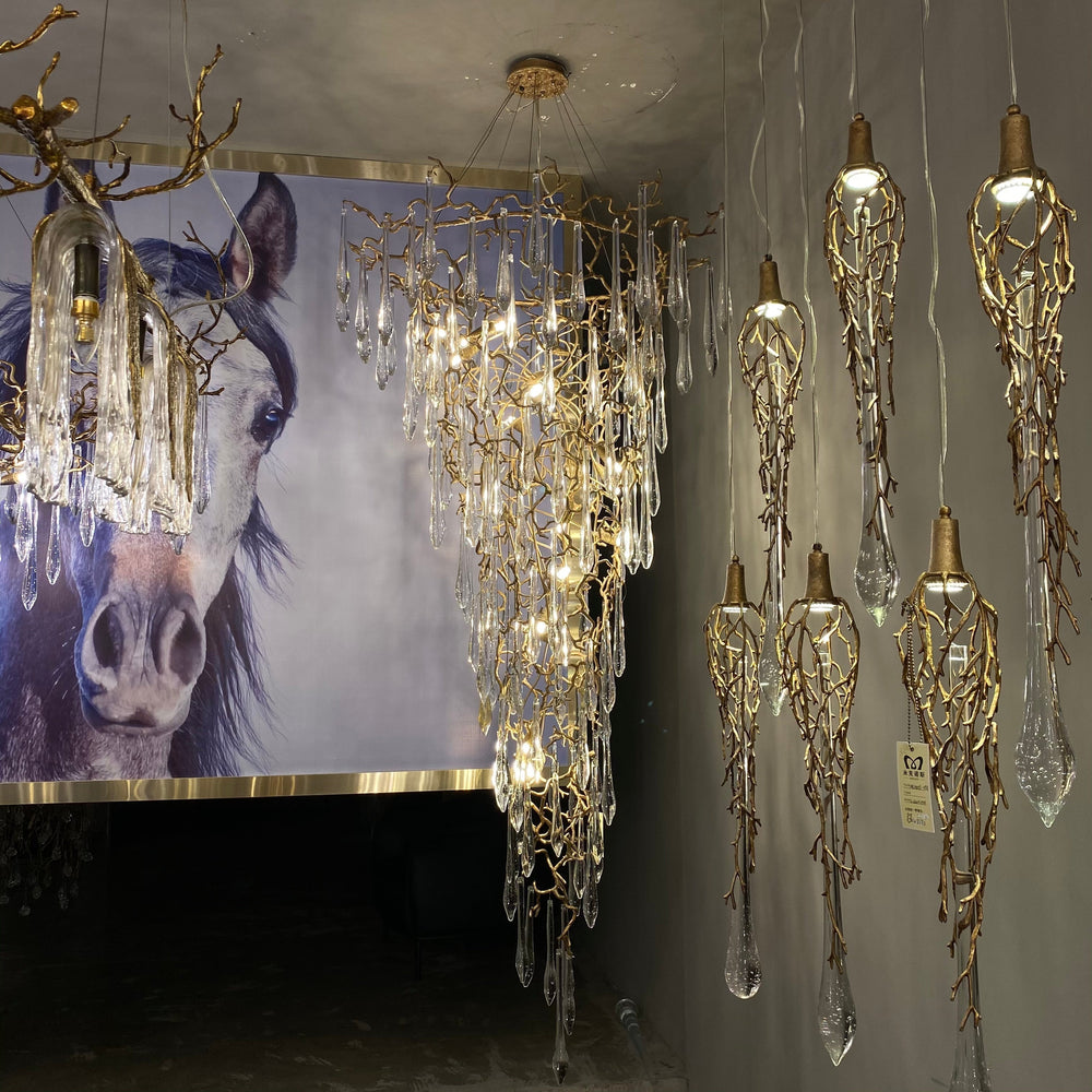 Modern Oversized Luxury Copper Crystal Long Crystal Branch Air Bubble Drop Staircase Light fixture-Chandeliers-Arialamps