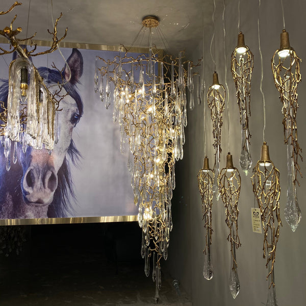 Modern Oversized Luxury Copper Crystal Long Crystal Branch Air Bubble Drop Staircase Light fixture-Chandeliers-Arialamps