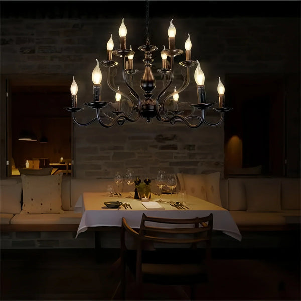 Multi Layer Iron Chandelier with Electronic Candles in Vintage Country Style for Living Room Cafe and Study-