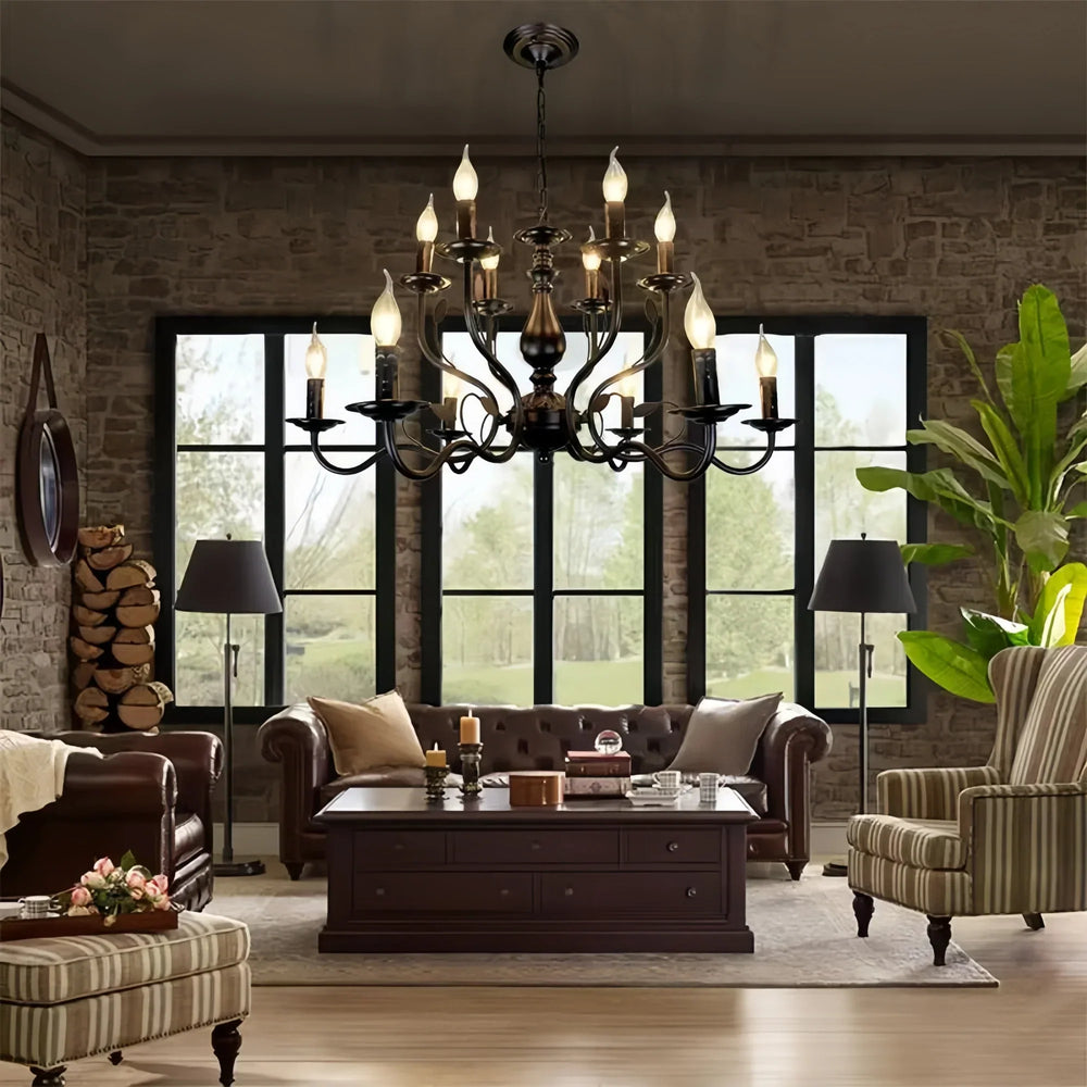 Multi Layer Iron Chandelier with Electronic Candles in Vintage Country Style for Living Room Cafe and Study-