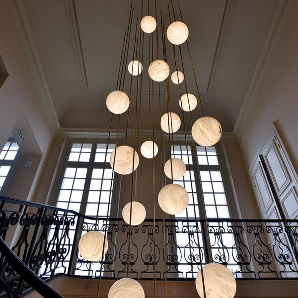 Nami Alabaster Sphere Staircase Chandelier,Multi Pendant Light-chandeliers for dining room,chandeliers for stairways,chandeliers for foyer,chandeliers for bedrooms,chandeliers for kitchen,chandeliers for living room-Arialamps