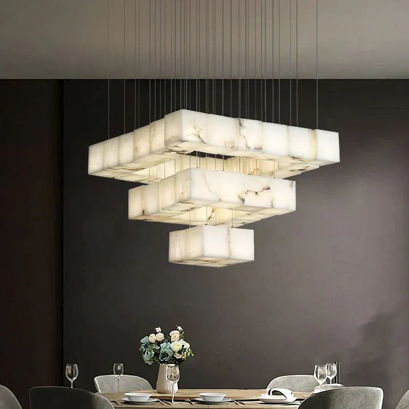 Olive Alabaster Cubic Round Pendant For Dining Table, Staircase Chandeliers Kevin Studio Inc 25-Light
