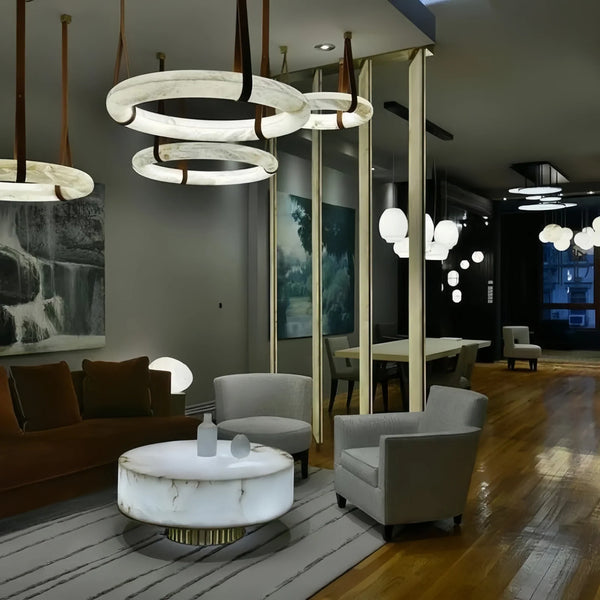 Oslo L1P Pendant Alabaster Chandelier, Halo Ring Chandelier With canopy Over Dining Table-Chandelier-Arialamps