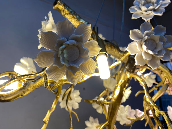 Post-Modern Art Brass and Ceramics Flower Pendant Branch Chandelier for Living/Dining Room-Chandeliers-Arialamps