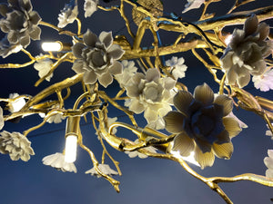 Post-Modern Art Brass and Ceramics Flower Pendant Branch Chandelier for Living/Dining Room-Chandeliers-Arialamps