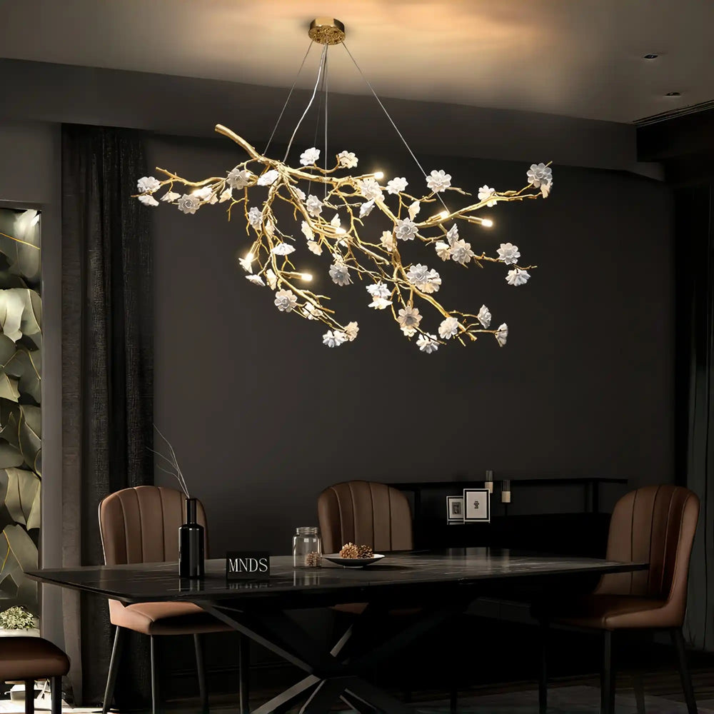 chandelier,chandeliers,branch,flower,white,oversize,large,big,huge,extra large,long table,big table,kitchen island,dining table,brass,ceramics