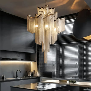 Post - Modern Extra Large Stainless Steel Long Tassel Chandelier - Arialamps