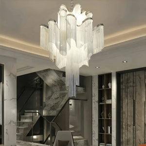 Post - Modern Extra Large Stainless Steel Long Tassel Chandelier - Arialamps