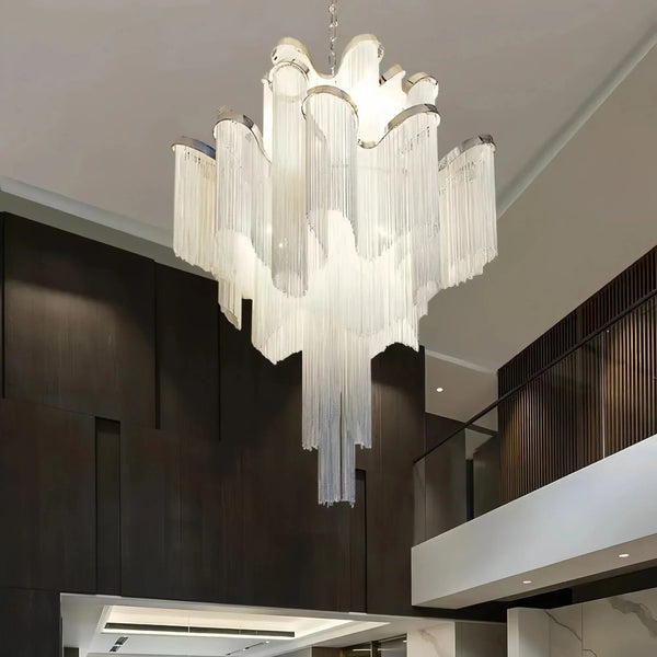 Post - Modern Extra Large Stainless Steel Long Tassel Chandelier - Arialamps