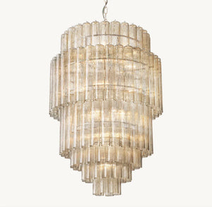 Chandelier with tiered glass design on a white background