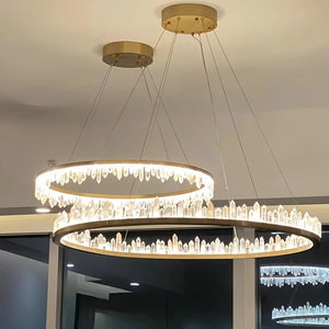 Round Modern Chandelier Brass & Clear Geode Quartz Crystal Hanging Light - Arialamps