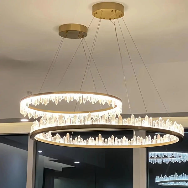 Round Modern Chandelier Brass & Clear Geode Quartz Crystal Hanging Light - Arialamps