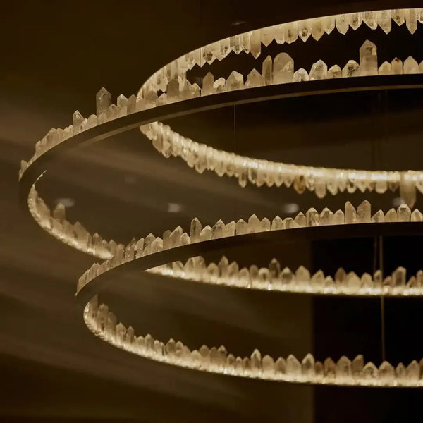 Round Modern Chandelier Brass & Clear Geode Quartz Crystal Hanging Light - Arialamps