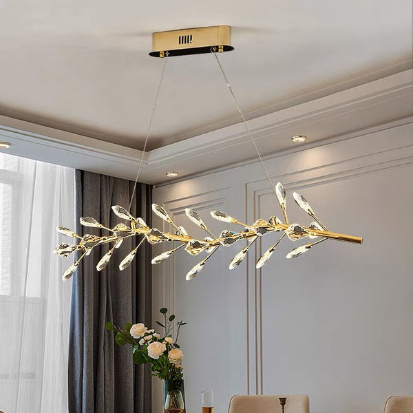 Sleek Modern Branch Crystal Leaves Linear Chandelier for Kitchen Island and Dining Room-Chandeliers-Arialamps