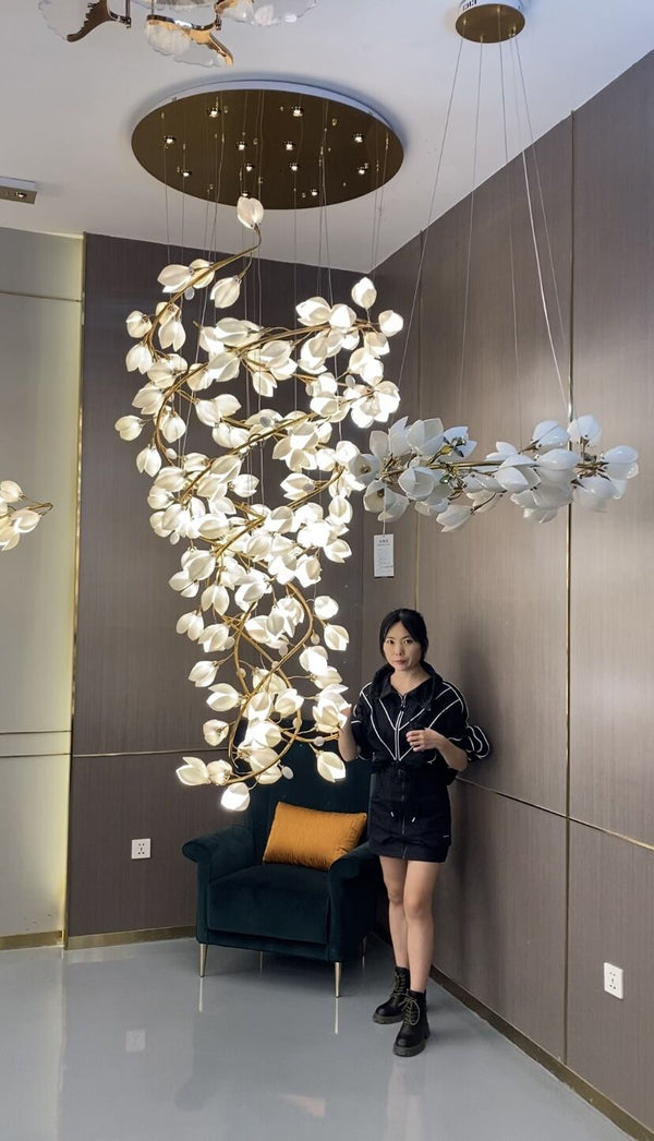 Spiral Pure White Magnolia Chandelier with Golden Branches for Staircase/High-ceiling Space/Foyer/ Duplex-Chandeliers-Arialamps