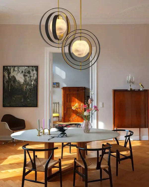White Alabaster Round Ceiling Pendant Lamp - Gold & Bronze Rotatable Ring - Arialamps
